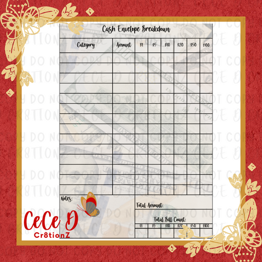 Printable Cash Envelope Breakdown Sheet